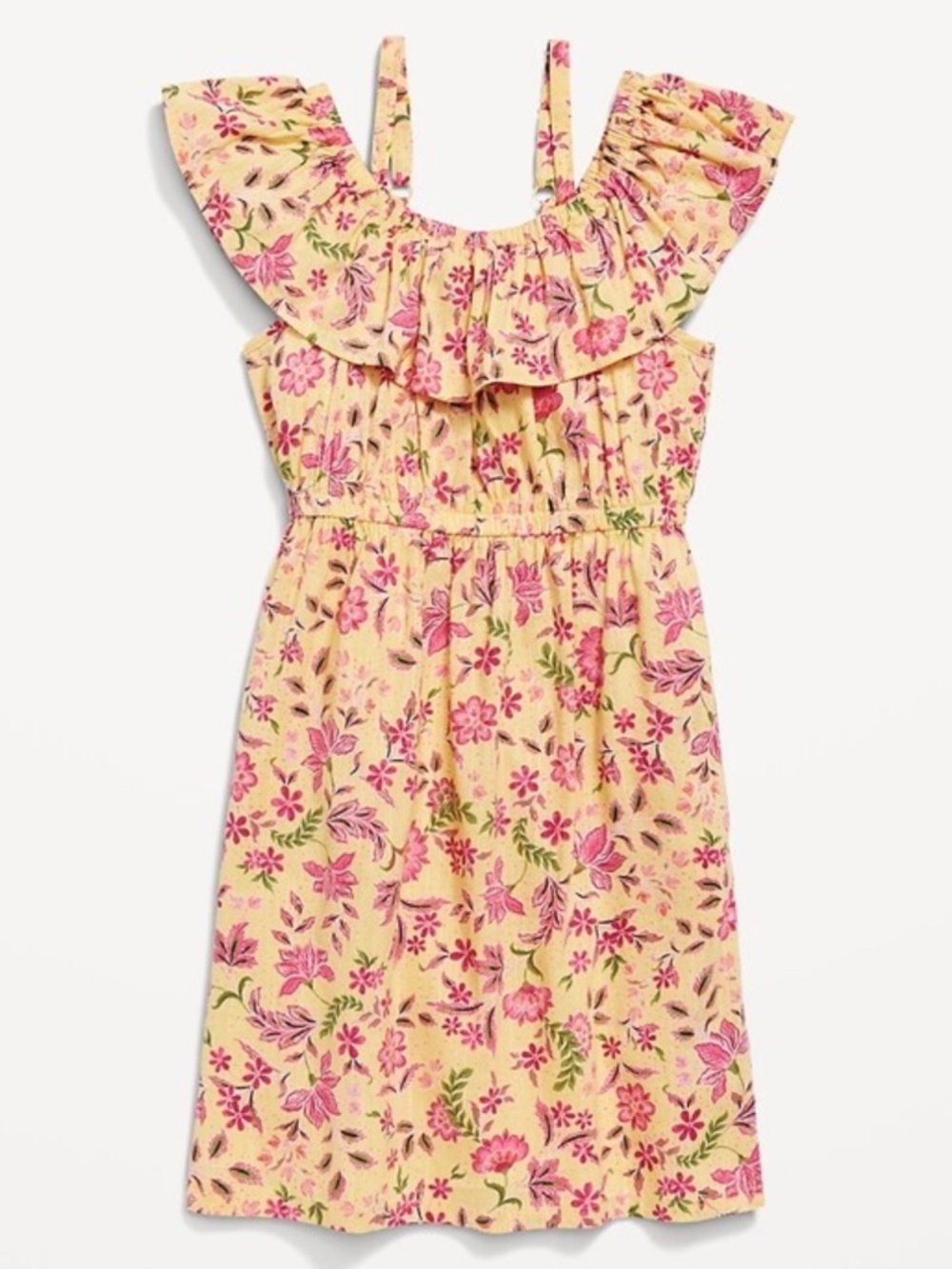 Old Navy Off the Shoulder Ruffle, Floral, Yellow and Pink Girls Dress, Size 8